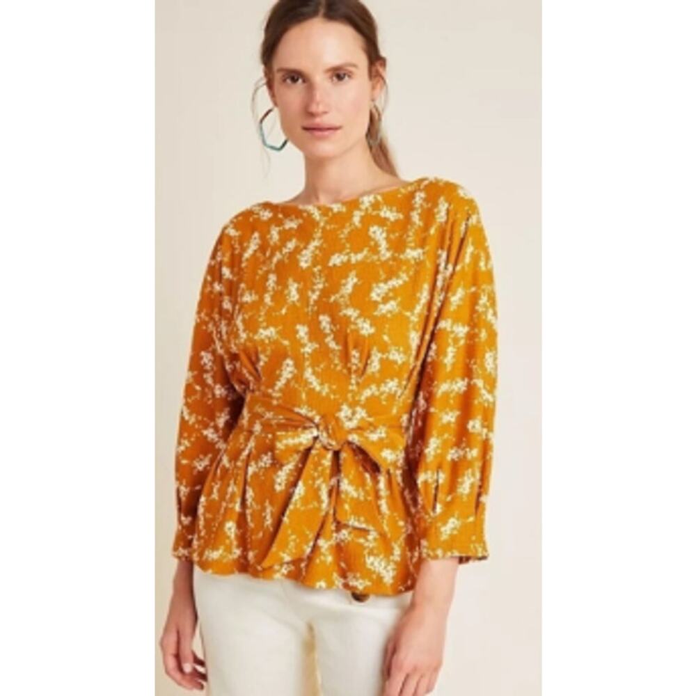 Anthropologie Amber Dolman Sleeve Blouse-S-Mustard Yellow Floral Tie Waist Boho
